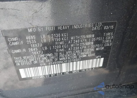 2015 Subaru Outback 2.5I Limited z USA, uszkodzony, nr VIN 4S4BSBNCXF3316607